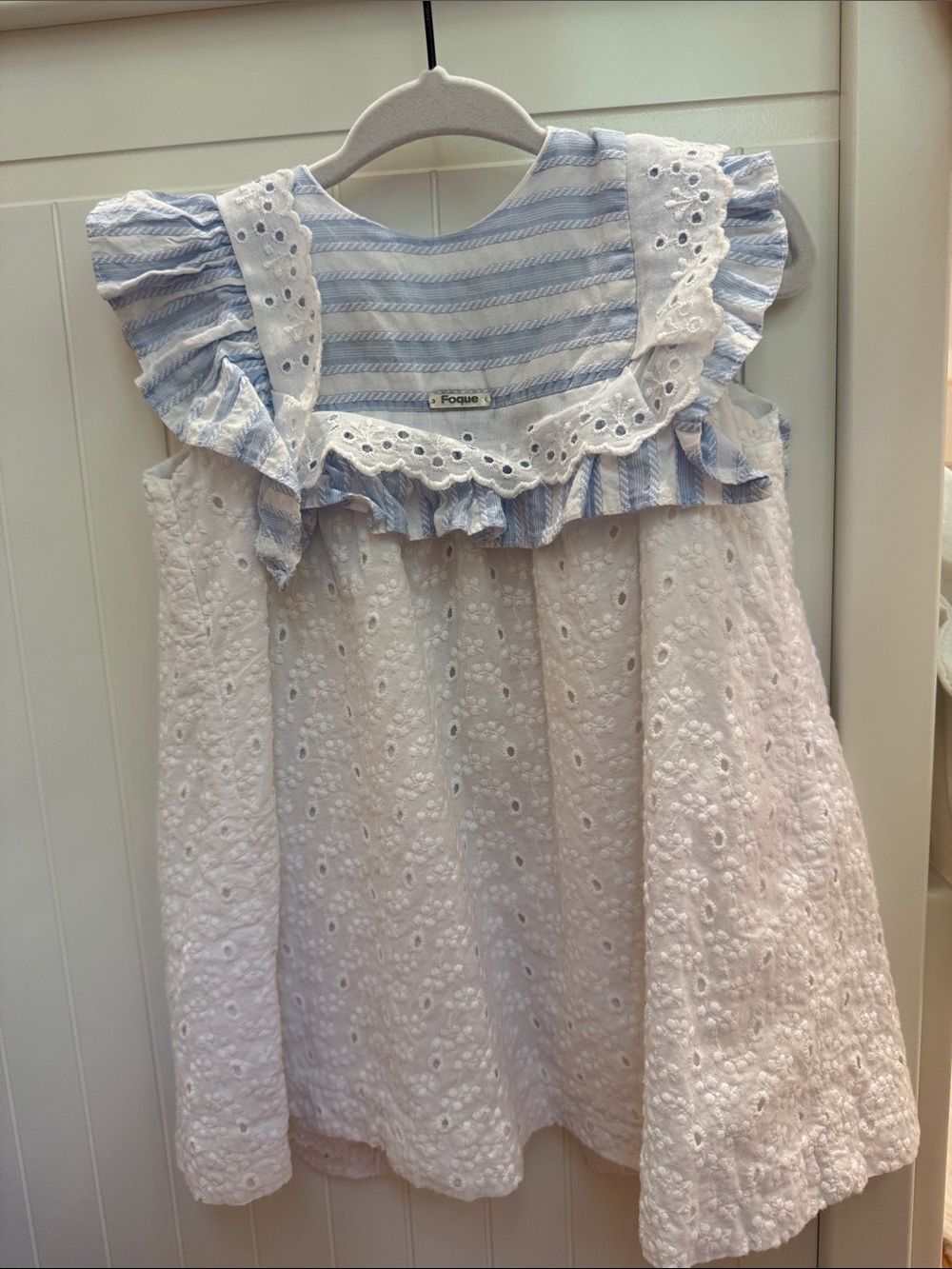 Que White Eyelet Dress with Blue Striped Ruffle Yoke